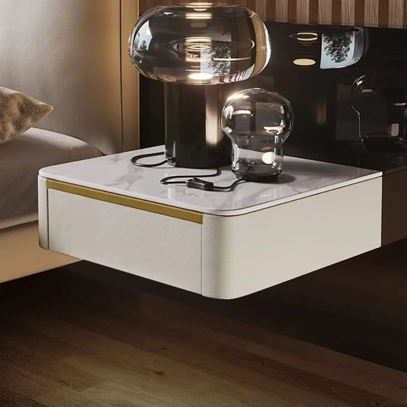 Table de chevet suspendue moderne en bois et pierre avec tiroir