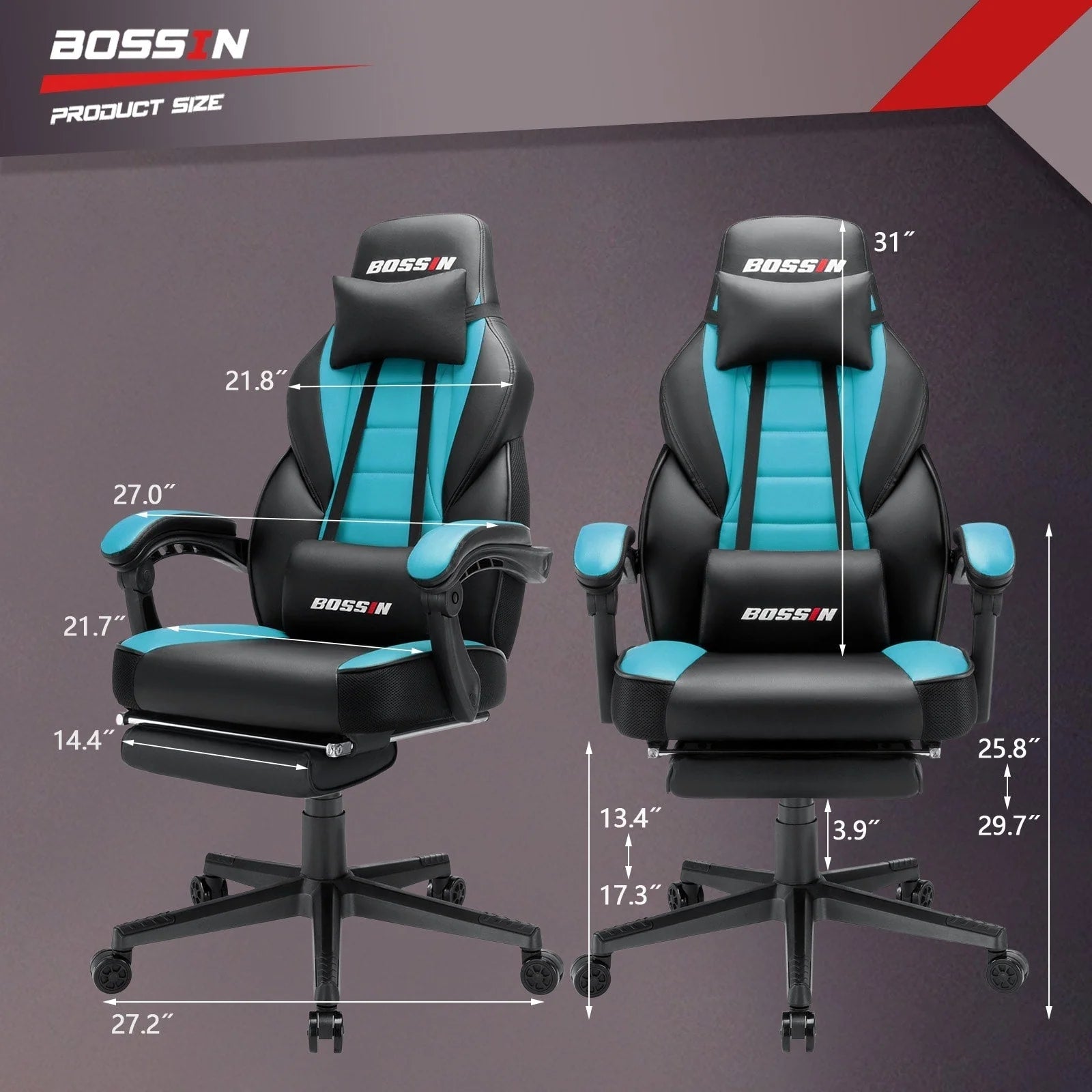 Chaise de jeu BOSSIN style racing, chaise de jeu grande taille supportant jusqu'à 136 kg (300 lbs), dossier haut, chaise d'ordinateur