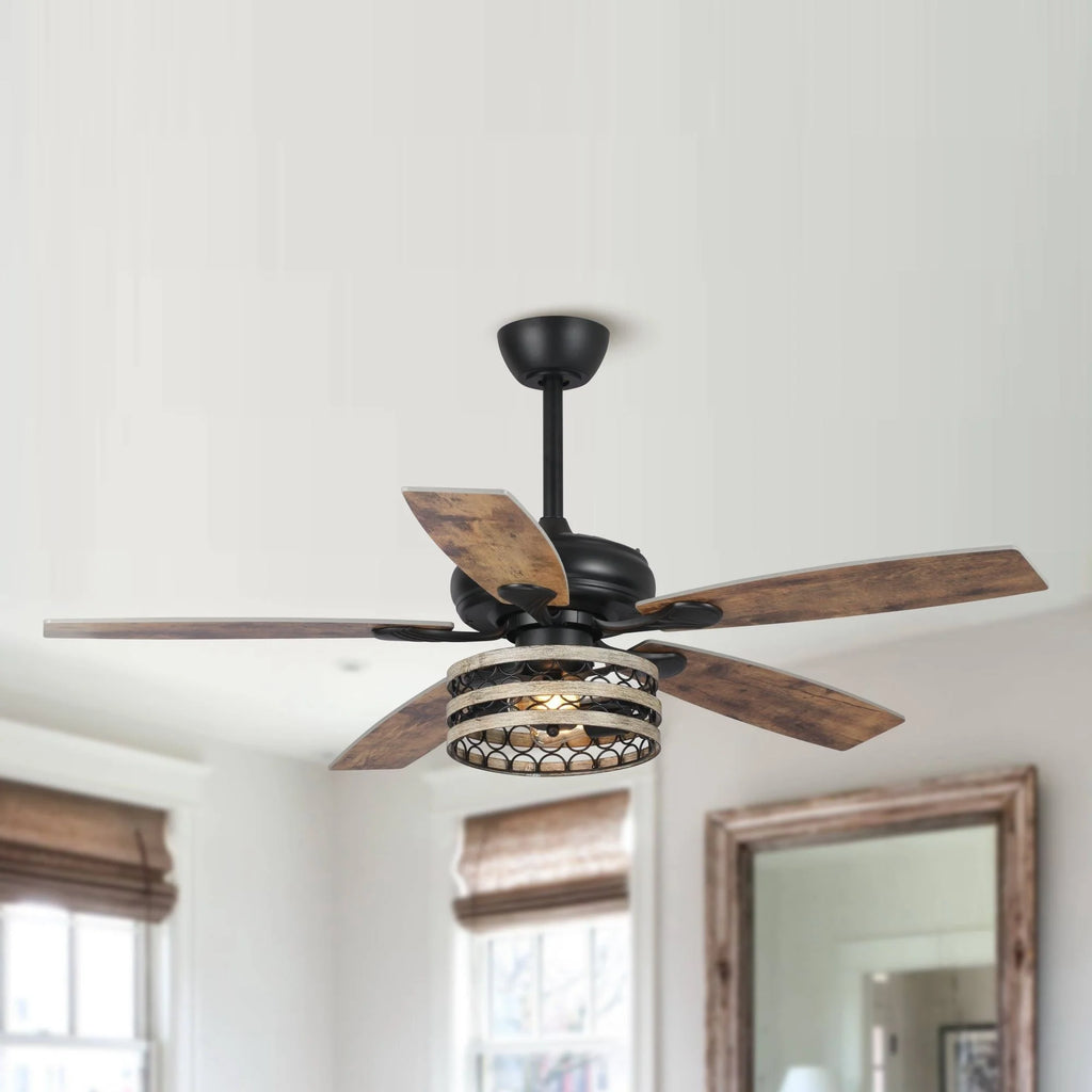 Ventilateur de plafond 5 pales noir à cage, style ferme, avec télécommande