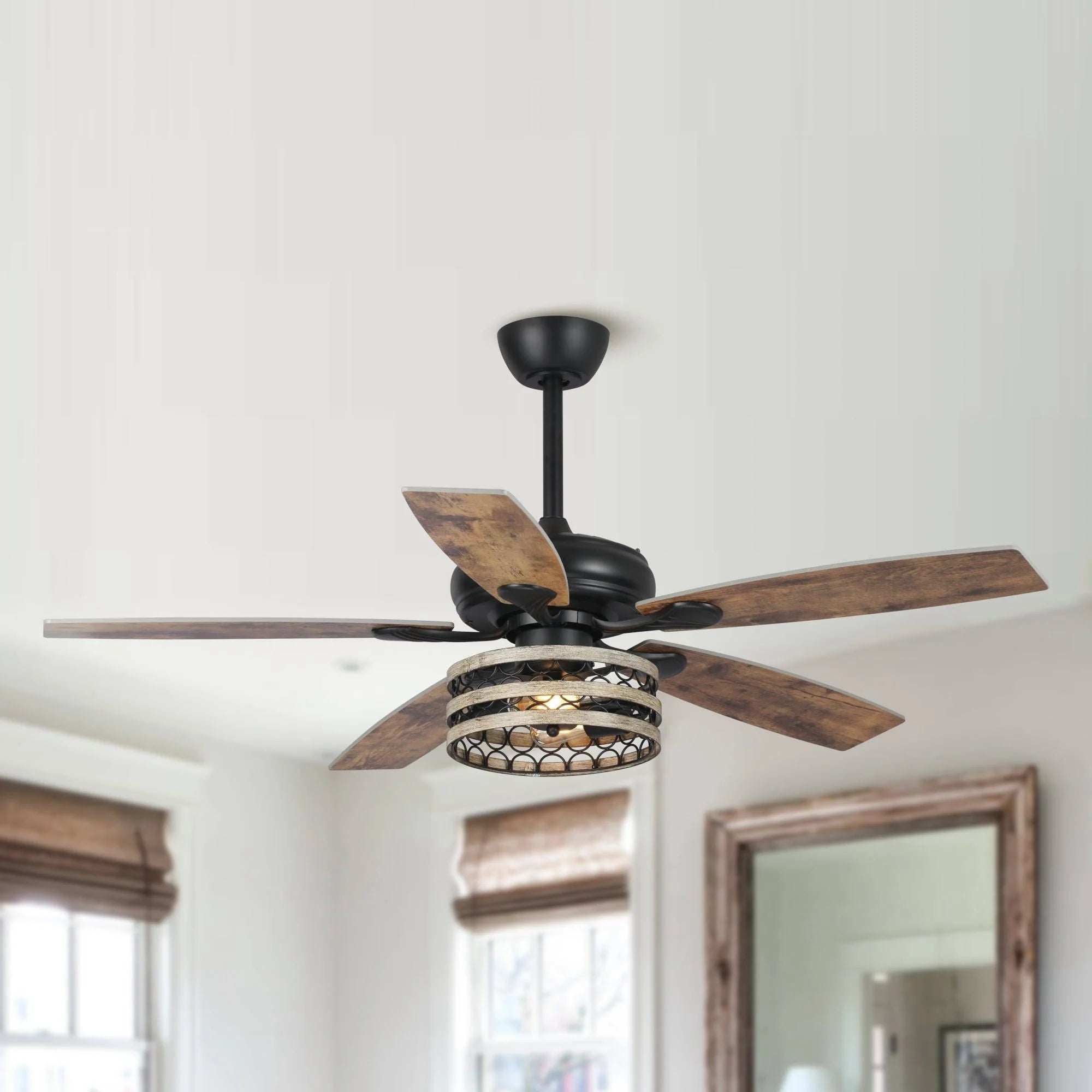 Ventilateur de plafond 5 pales noir à cage, style ferme, avec télécommande