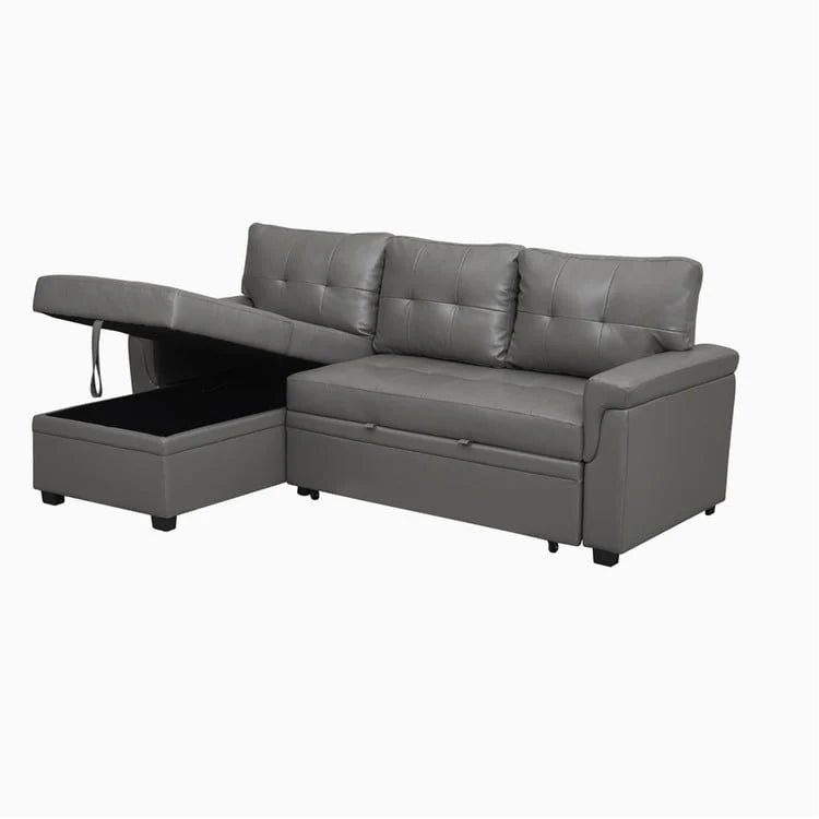 Canapé d'angle convertible et réversible avec lit gigogne, méridienne de rangement dissimulée et pieds robustes.