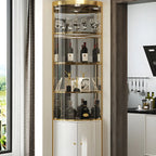 Vitrine d'angle arrondie en verre brillant et métal doré