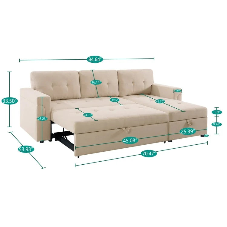 Canapé d'angle réversible avec lit gigogne, méridienne avec rangement dissimulé, pieds robustes.