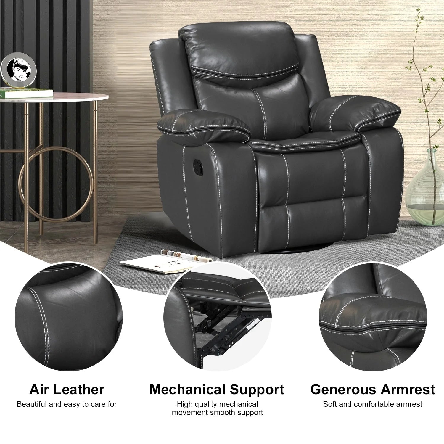 Fauteuil inclinable à large assise en cuir durable avec massage et chauffage