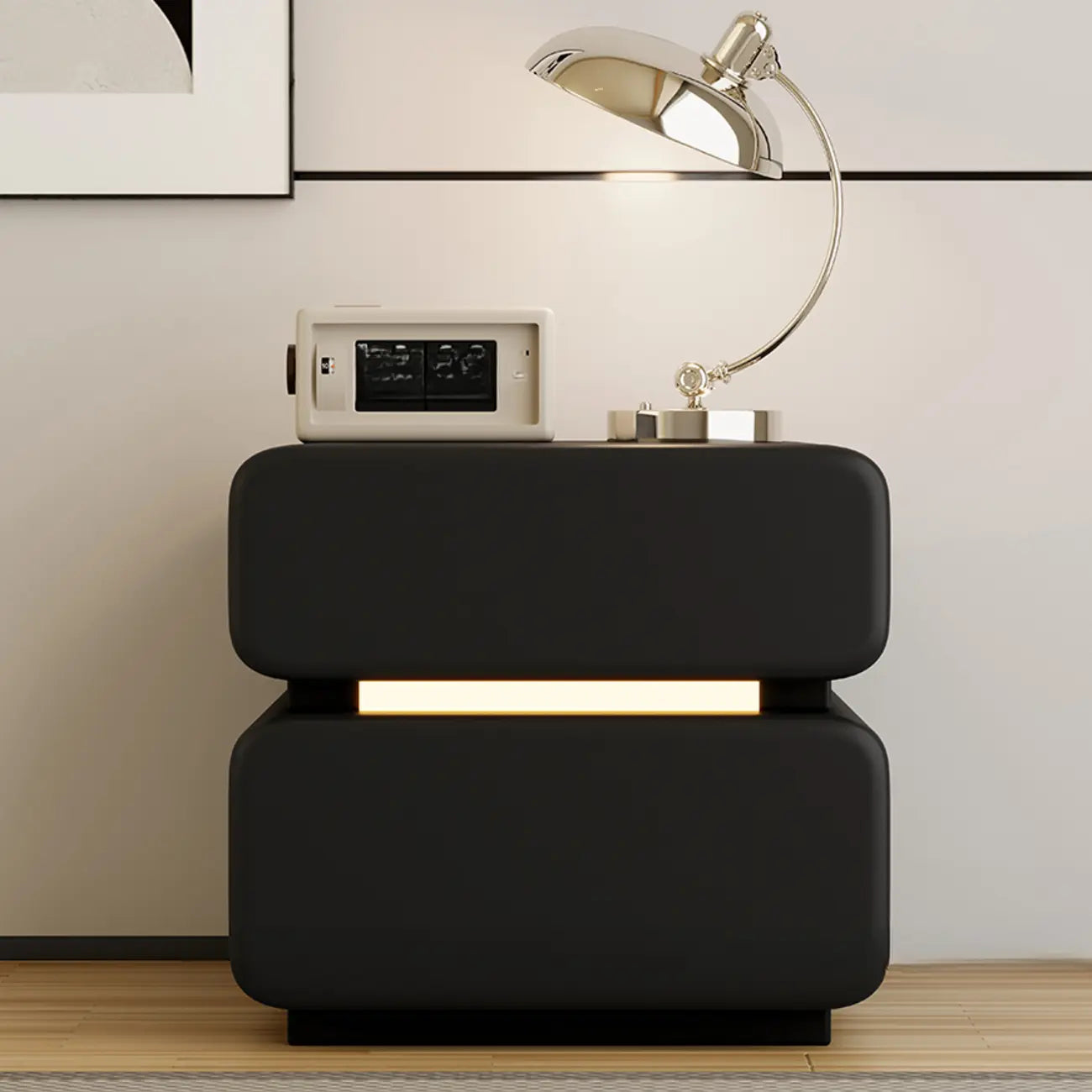Table de chevet moderne avec plateau en cuir noir et 2 tiroirs