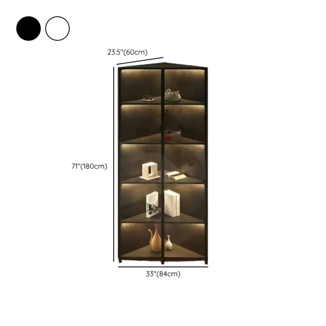 Vitrine d'angle moderne en métal gris et bois avec porte vitrée