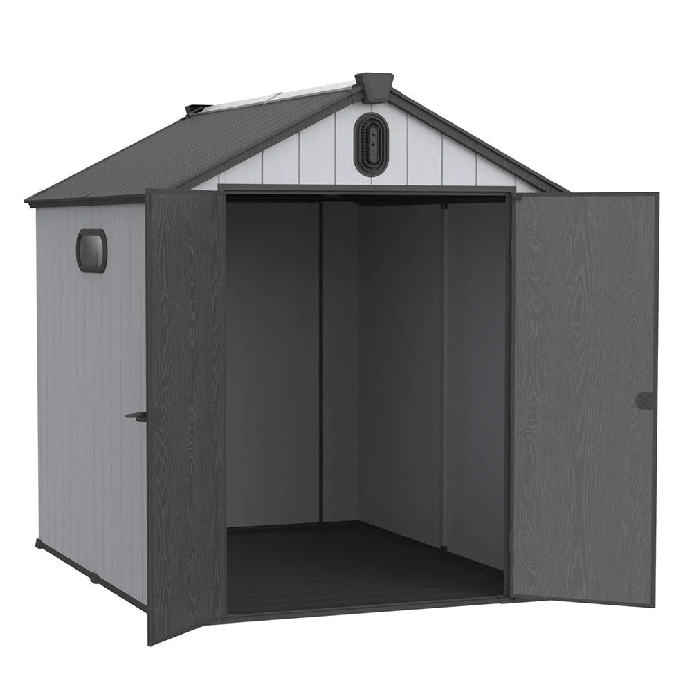 Abri de jardin en résine plastique tout temps avec plancher, dimensions : 1,83 m x 1,22 m / 1,83 m x 2,44 m / 2,44 m x 1,83 m / 2,44 m x 3,05 m.