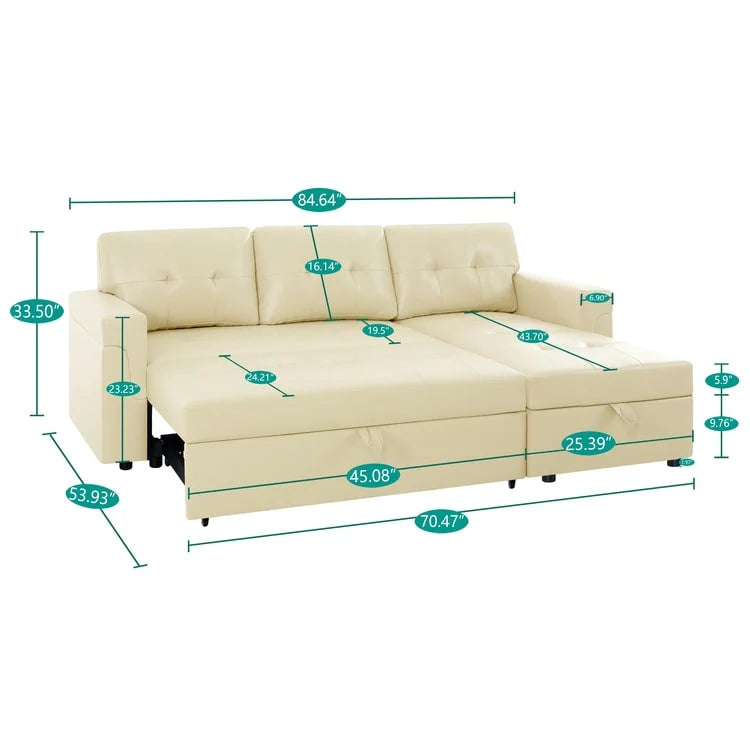 Canapé d'angle convertible et réversible avec lit gigogne, méridienne de rangement dissimulée et pieds robustes.