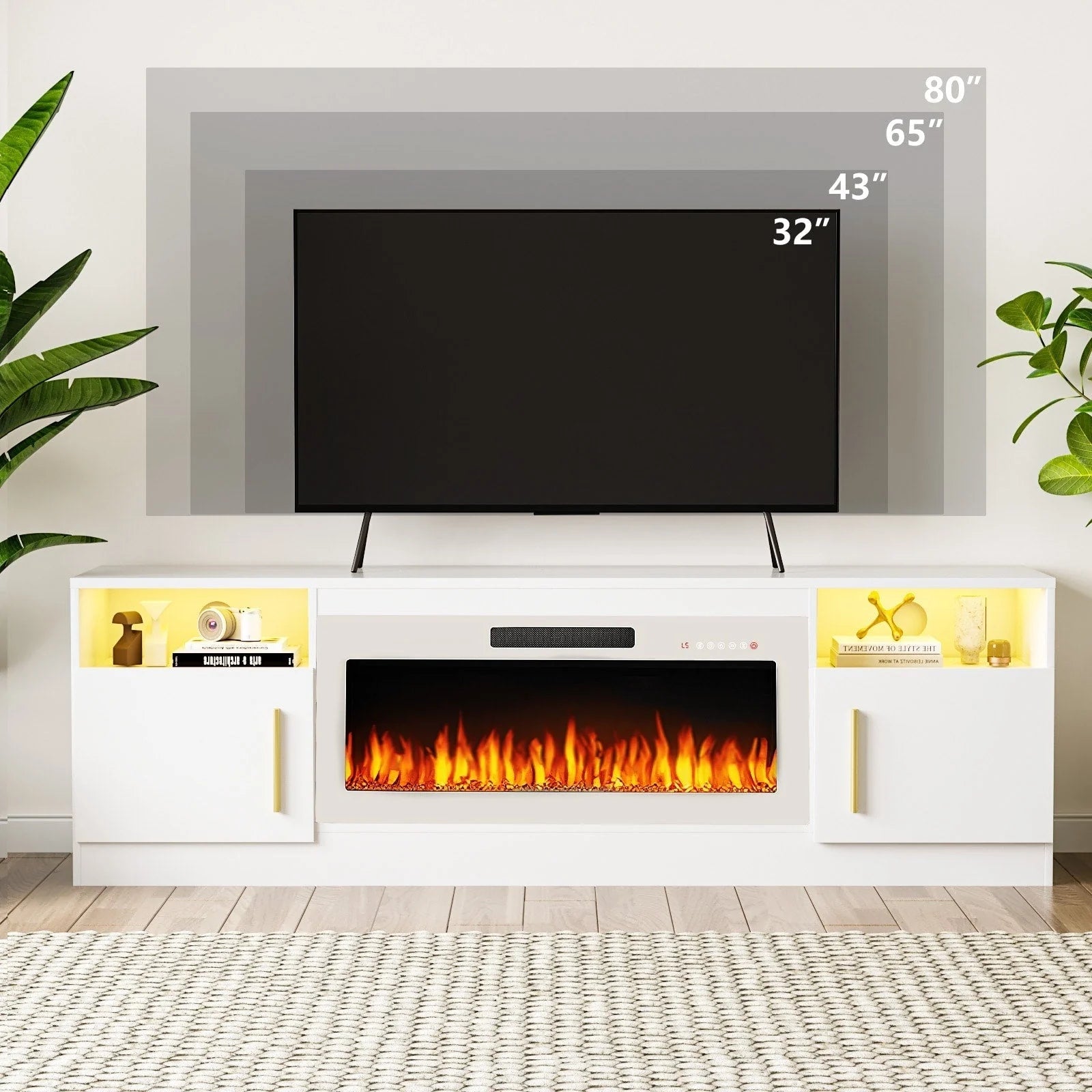 Meuble TV Bossin 70 avec cheminée électrique 36 pouces, compatible avec les téléviseurs jusqu'à 80 pouces, éclairage LED 16 couleurs/centre multimédia