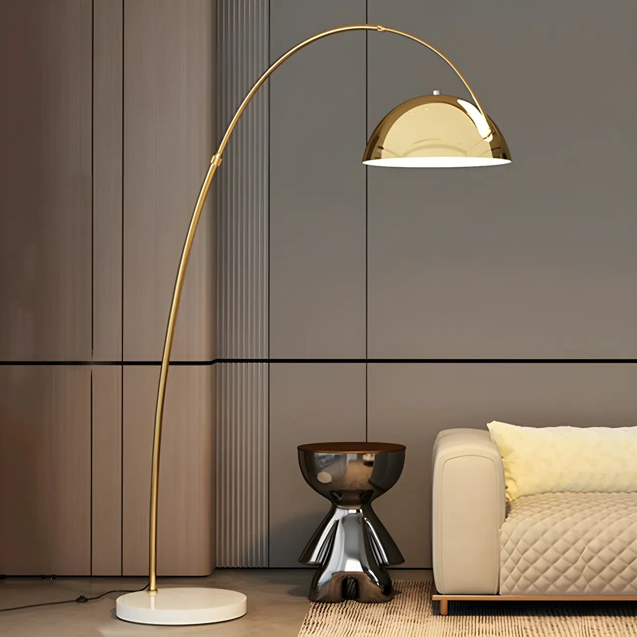 Lampadaire en métal arqué avec abat-jour en dôme réglable noir