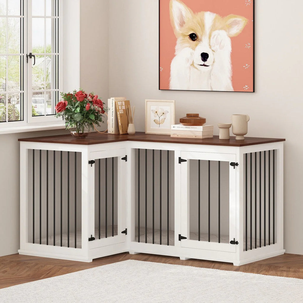 Grand meuble d'angle pour 2 chiens, cage en forme de L - 58,7 x 41,1 pouces