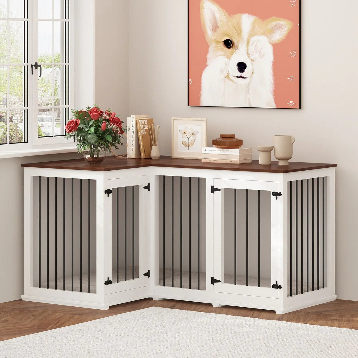 Grand meuble d'angle pour 2 chiens, cage en forme de L - 58,7 x 41,1 pouces