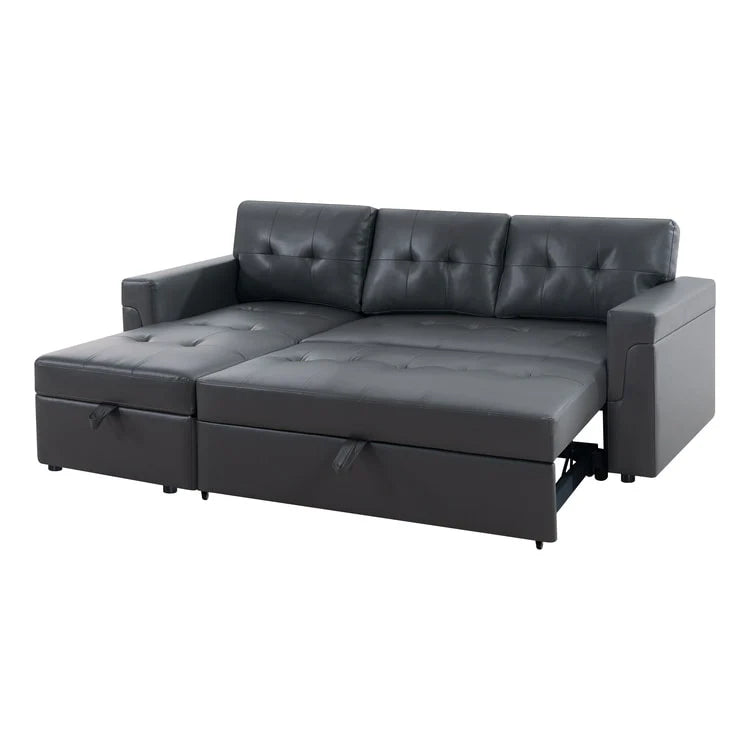 Canapé d'angle convertible et réversible avec lit gigogne, méridienne de rangement dissimulée et pieds robustes.