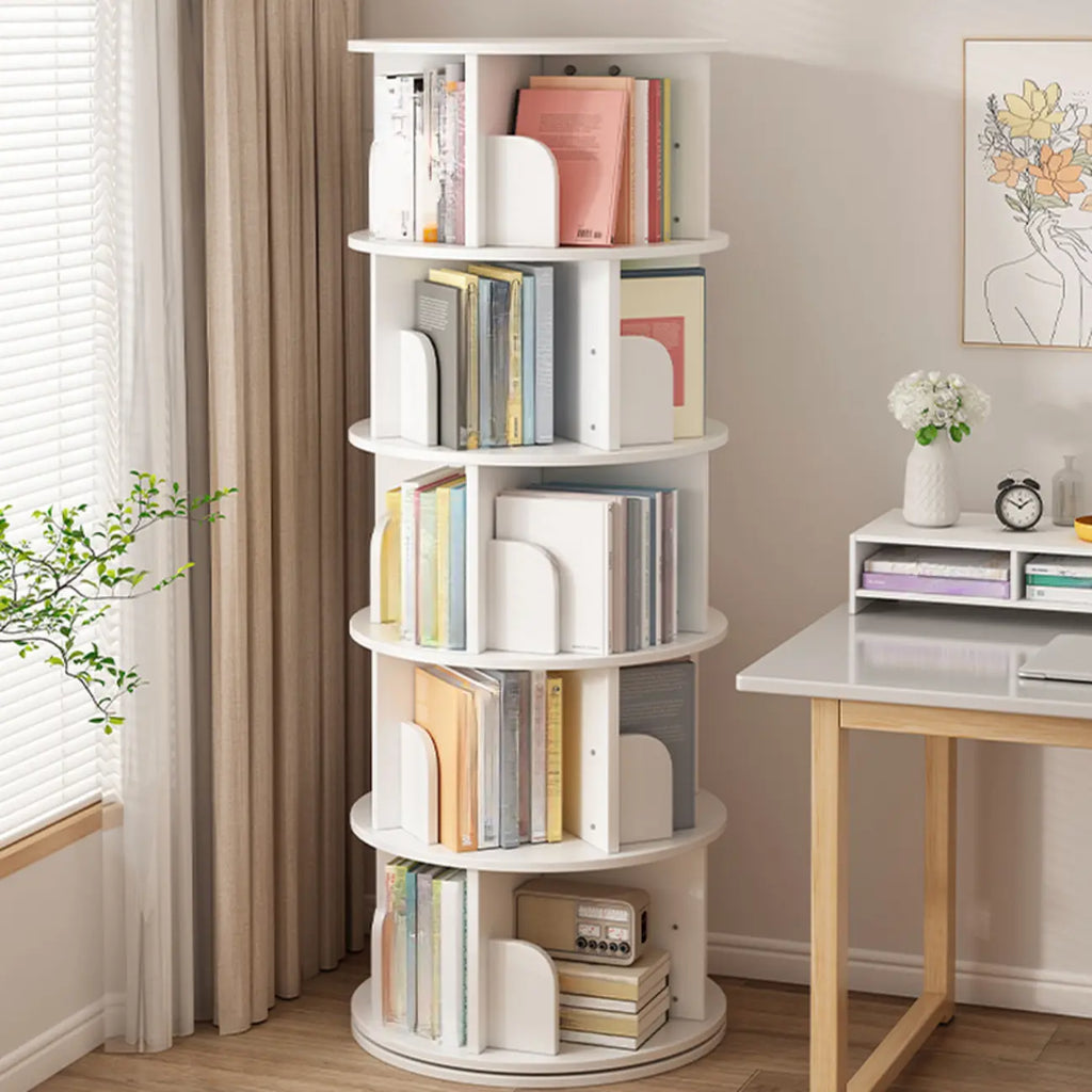 Bibliothèque cylindrique en bois marron à dos ouvert et pivotante