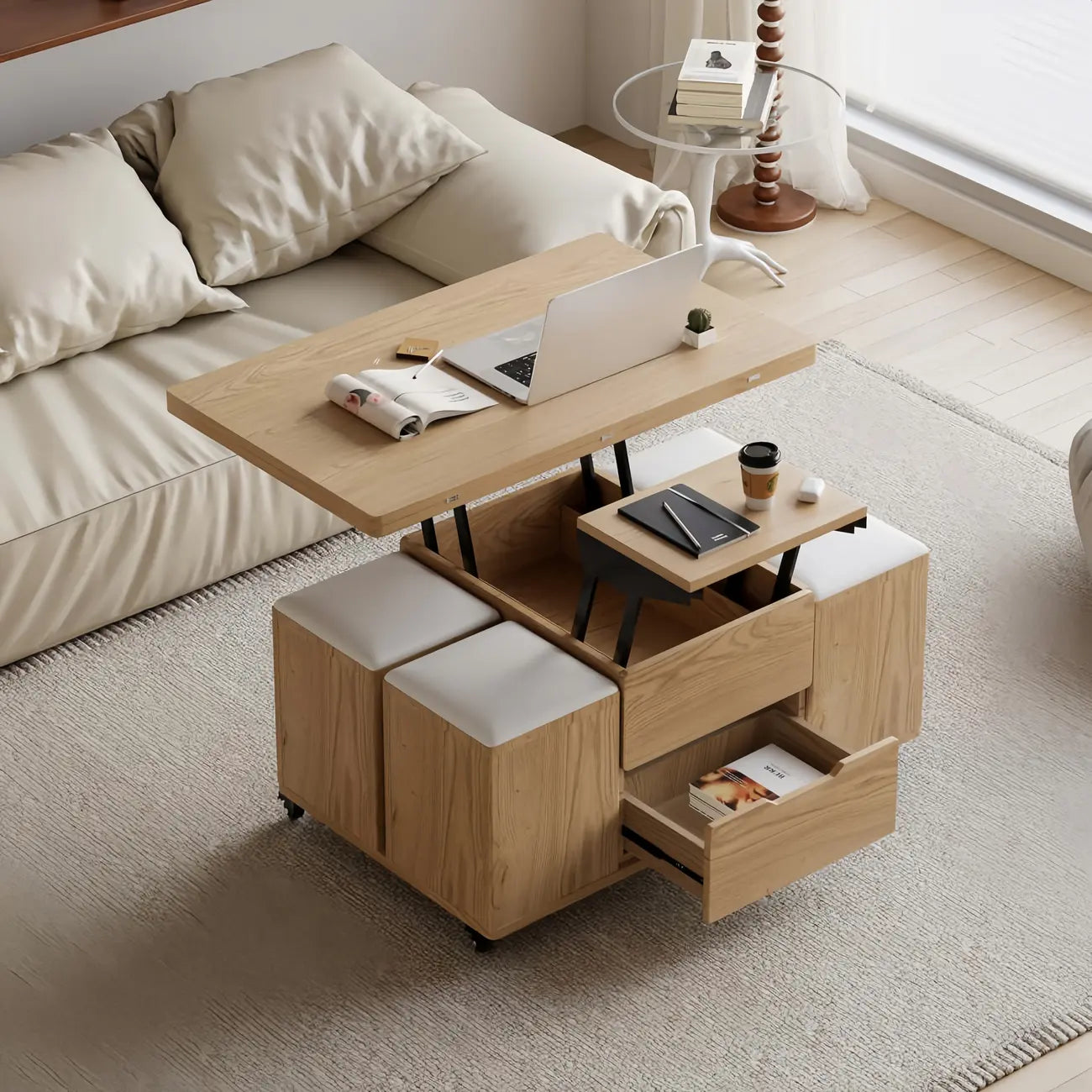 Table basse pliable à plateau relevable avec 4 tabourets et rangement