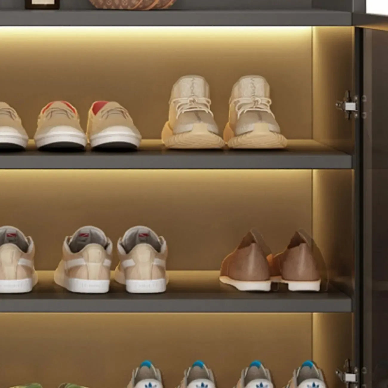 Meuble à chaussures éclairé par LED avec étagères réglables et portes transparentes