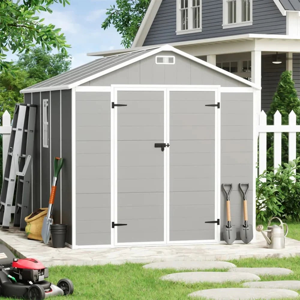 Abri de jardin en résine plastique tout temps avec plancher, dimensions : 1,83 m x 1,22 m / 1,83 m x 2,44 m / 2,44 m x 1,83 m / 2,44 m x 3,05 m.
