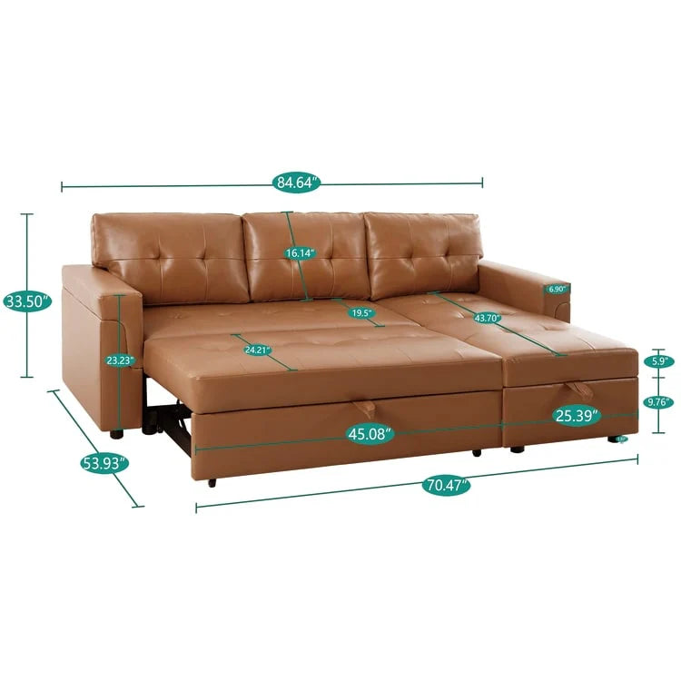 Canapé d'angle convertible et réversible avec lit gigogne, méridienne de rangement dissimulée et pieds robustes.