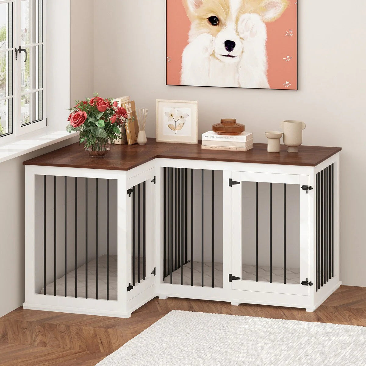 Grand meuble d'angle pour 2 chiens, cage en forme de L - 58,7 x 41,1 pouces