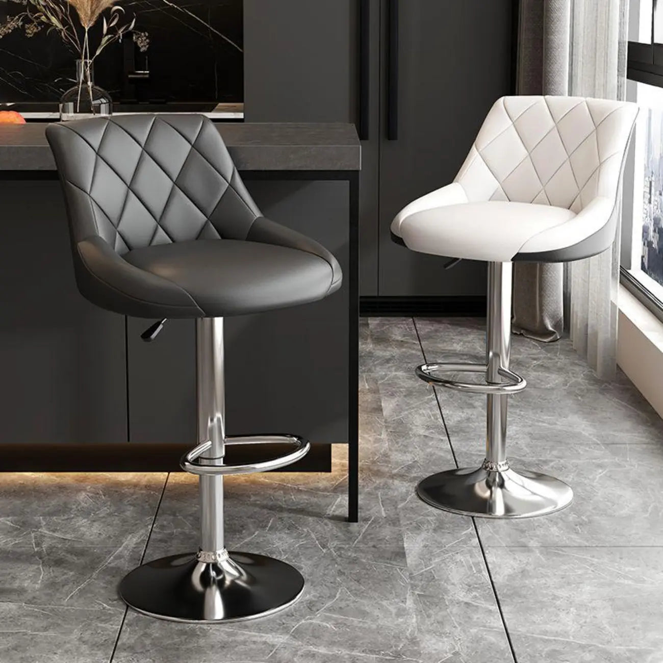 Tabouret de bar pivotant capitonné à losanges, réglable, en cuir PU noir et rouge