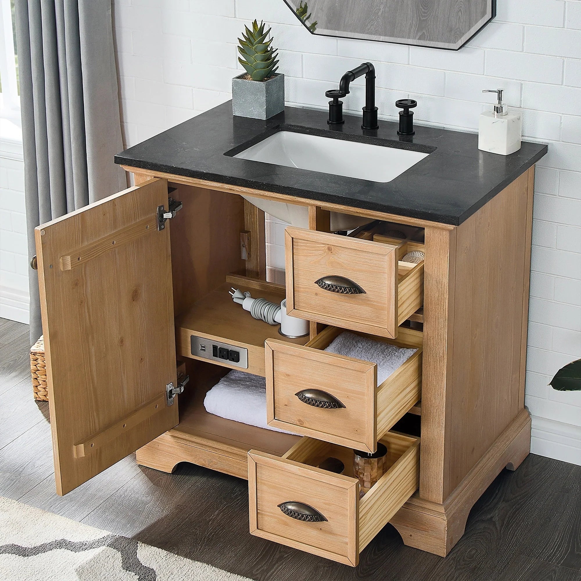 Meuble-lavabo Hervas avec plateau en marbre naturel, sans miroir.