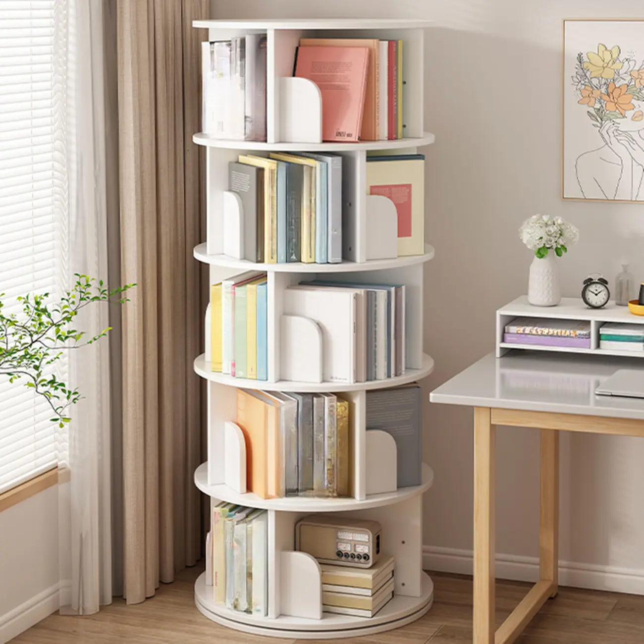 Bibliothèque cylindrique en bois marron à dos ouvert et pivotante