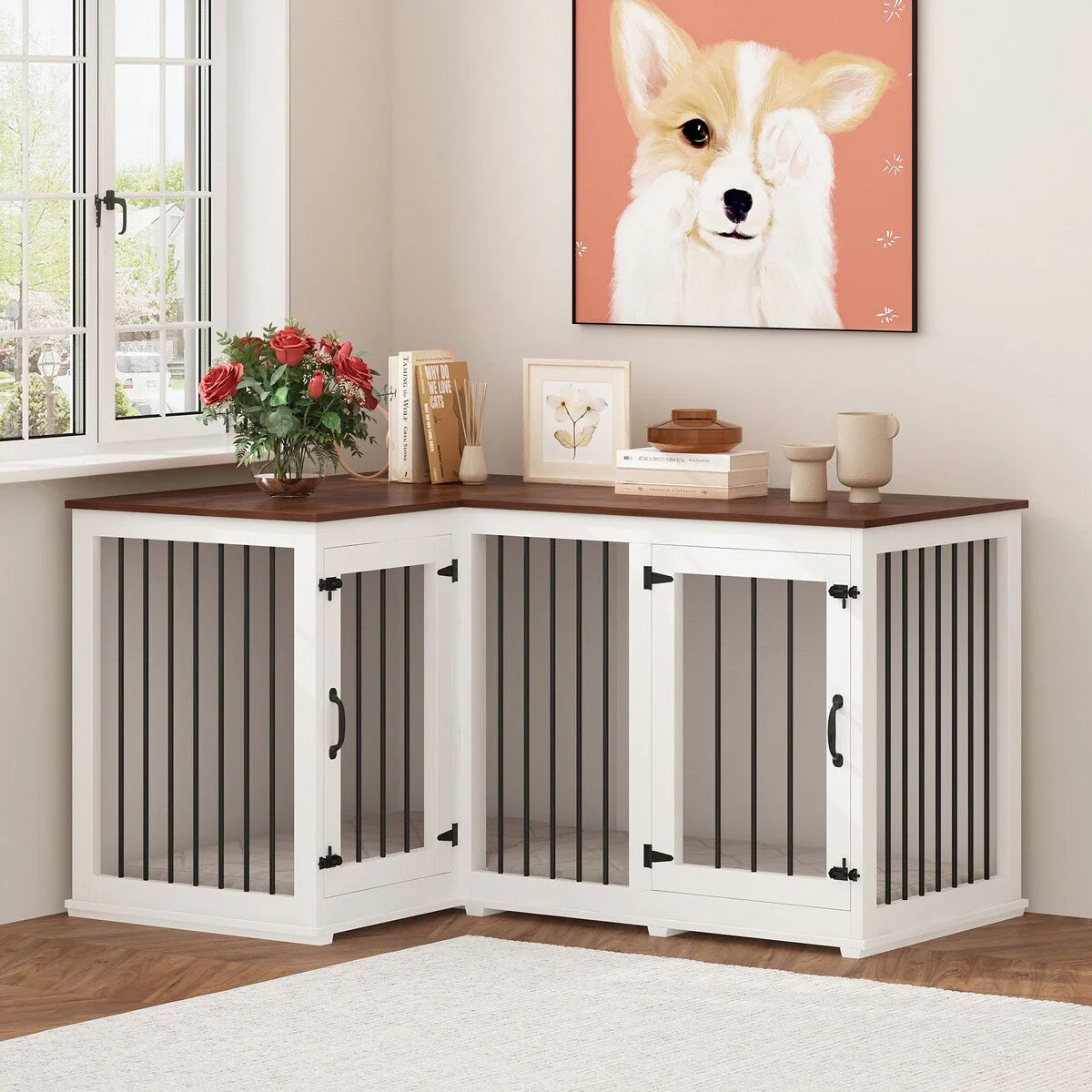 Grand meuble d'angle pour 2 chiens, cage en forme de L - 58,7 x 41,1 pouces