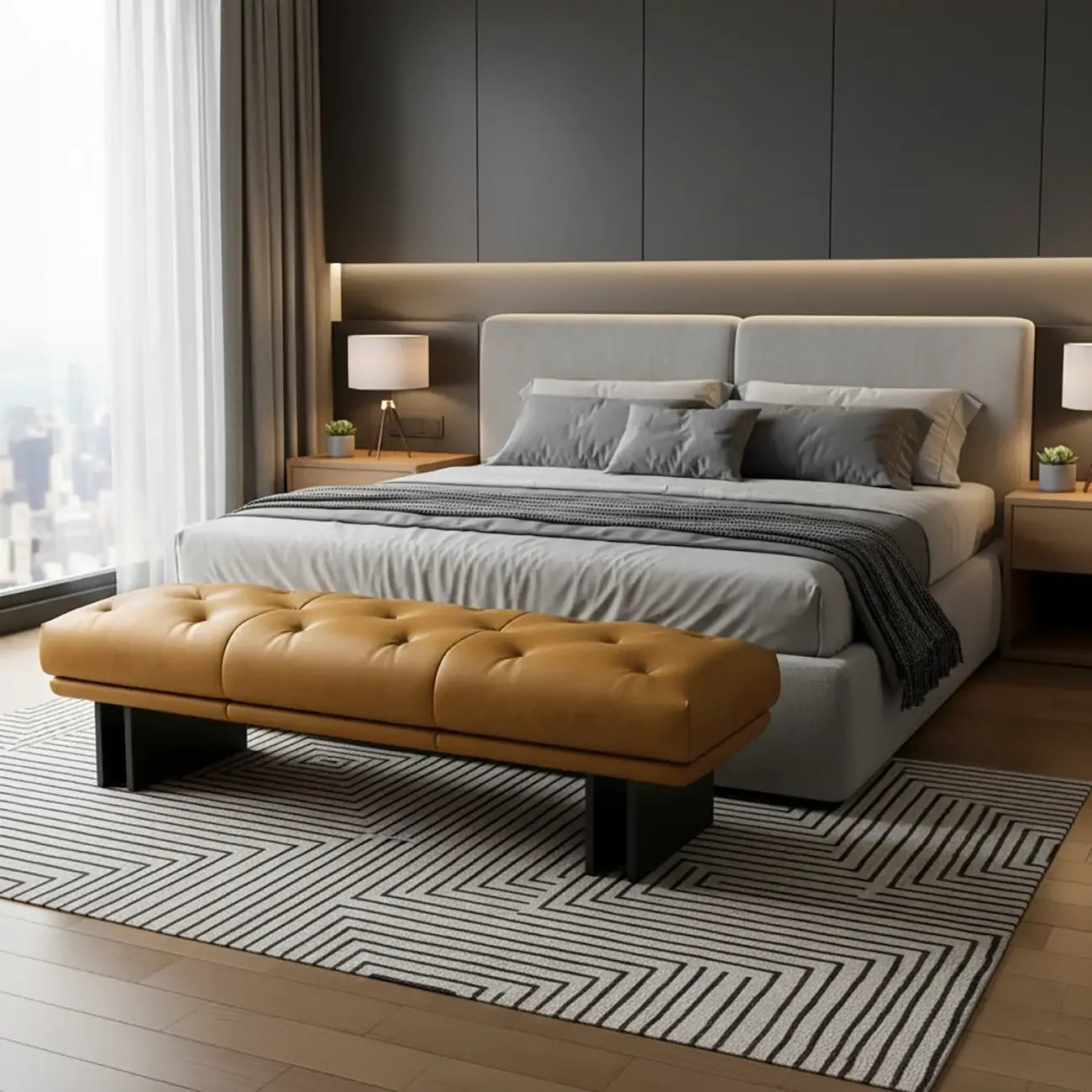 Banc de chambre minimaliste en cuir véritable jaune capitonné