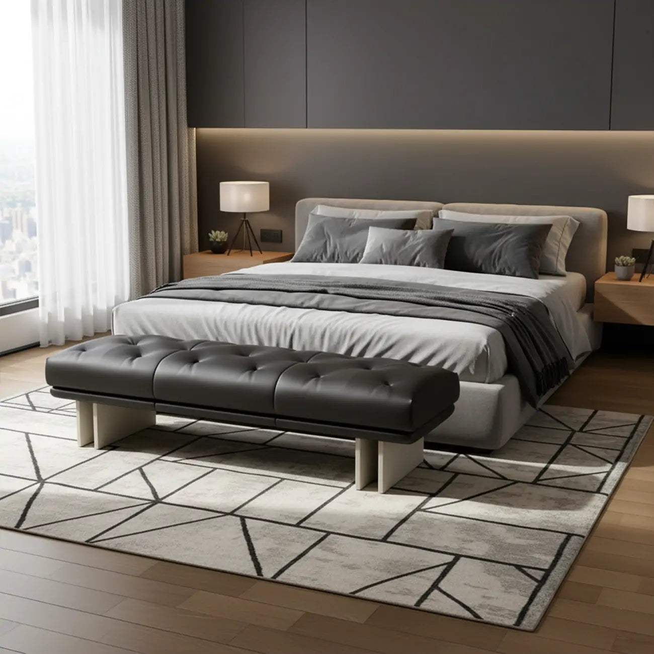 Banc de chambre minimaliste en cuir véritable jaune capitonné