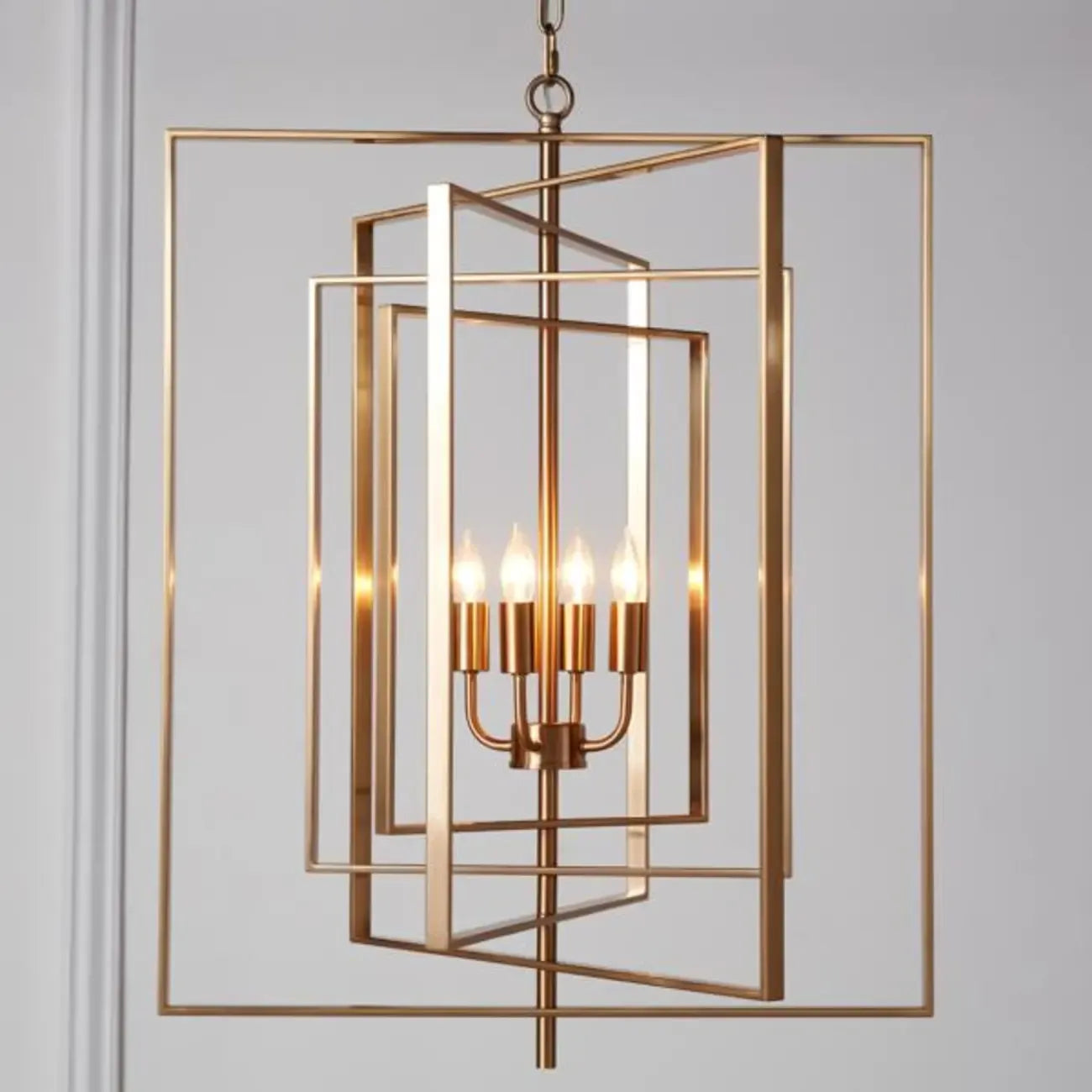Lustre moderne rectangulaire en métal doré à structure cage