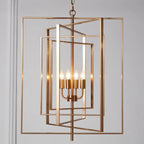 Lustre moderne rectangulaire en métal doré à structure cage